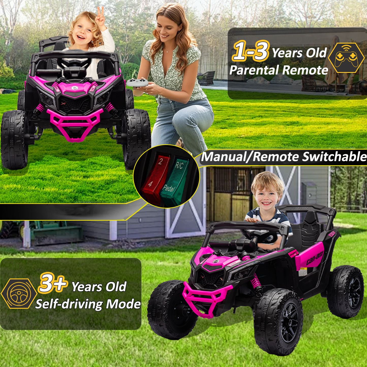 24V Ride on Toys Car, BLISSRIDE 4WD/2WD Switchable Kids UTV for Kids Boys Girls, Pink