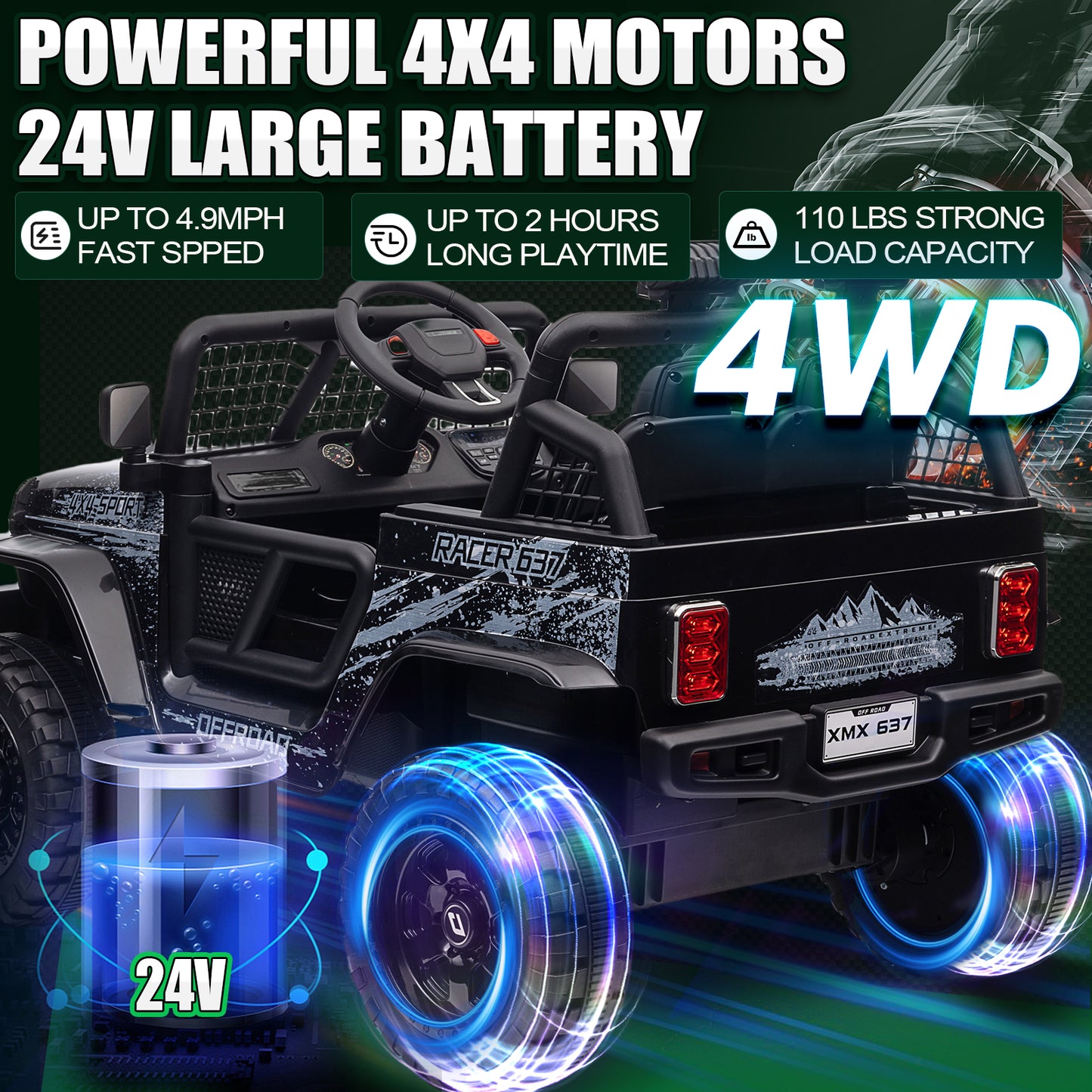 BLISSRIDE 24V Ride On Jeep, Kids 2 Seater Ride On Car Truck w/4WD Motor, Remote Control, 3 Speed, Bluetooth Music, Spring Suspension, LED Light, Kids Electric Car Power Wheels Gift for Boys, Girls - Black