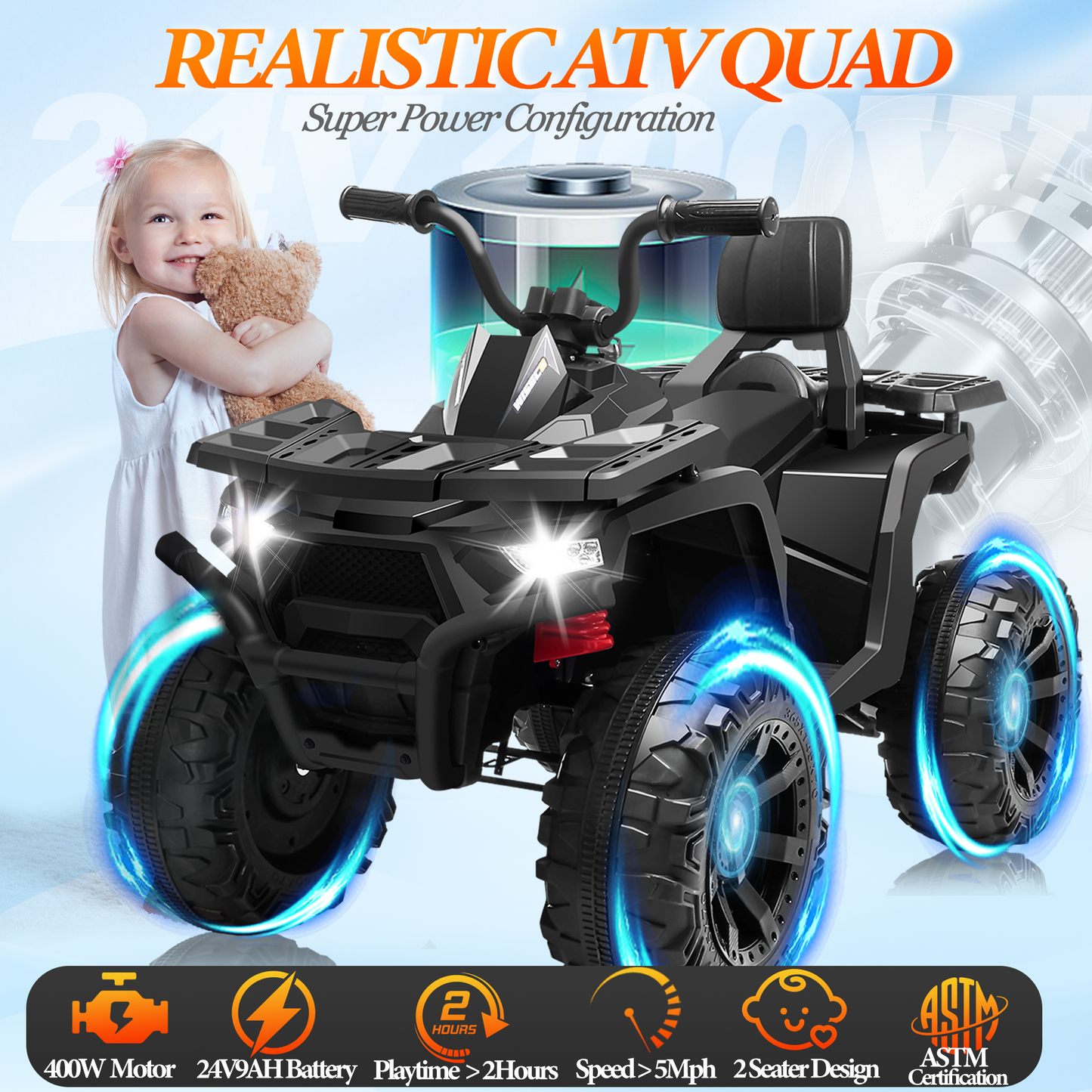 BLISSRIDE 24V Kids ATV 4 Wheeler, 2 Seater Ride on Toy for Big Kids with 400W Motor, 9AH Battery Powered, Protective Gear Set, Bluetooth Music, LED Lights, Spring Suspension, Electric Quad for Boys&Girls,Red