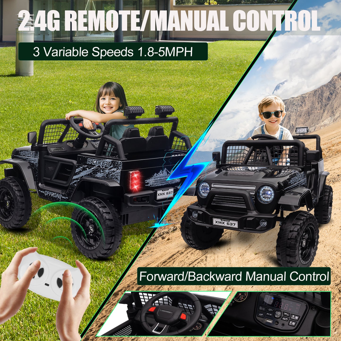 BLISSRIDE 24V Ride On Jeep, Kids 2 Seater Ride On Car Truck w/4WD Motor, Remote Control, 3 Speed, Bluetooth Music, Spring Suspension, LED Light, Kids Electric Car Power Wheels Gift for Boys, Girls - Black