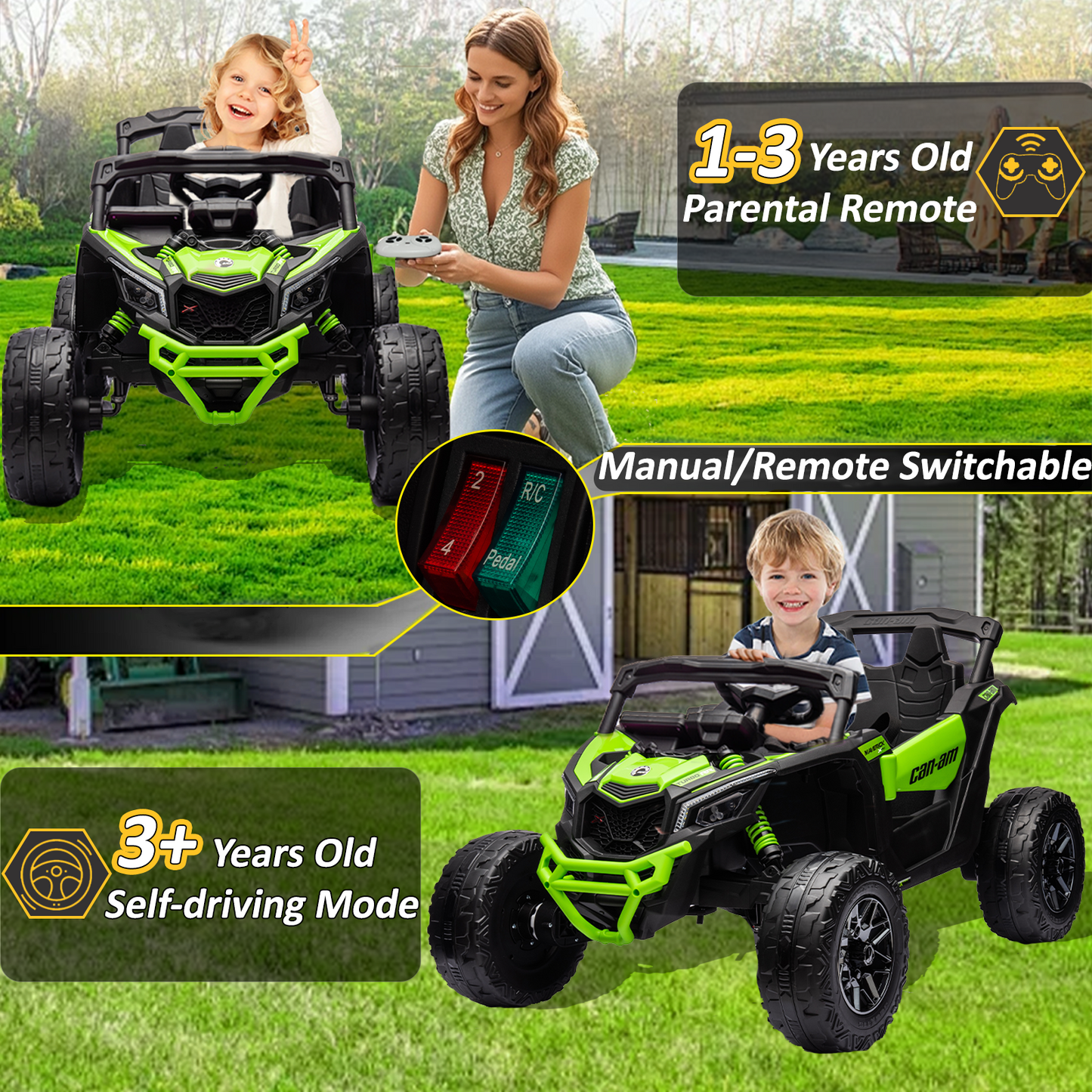 24V Ride on Toys Car, BLISSRIDE 4WD/2WD Switchable Kids UTV for Kids Boys Girls, Green