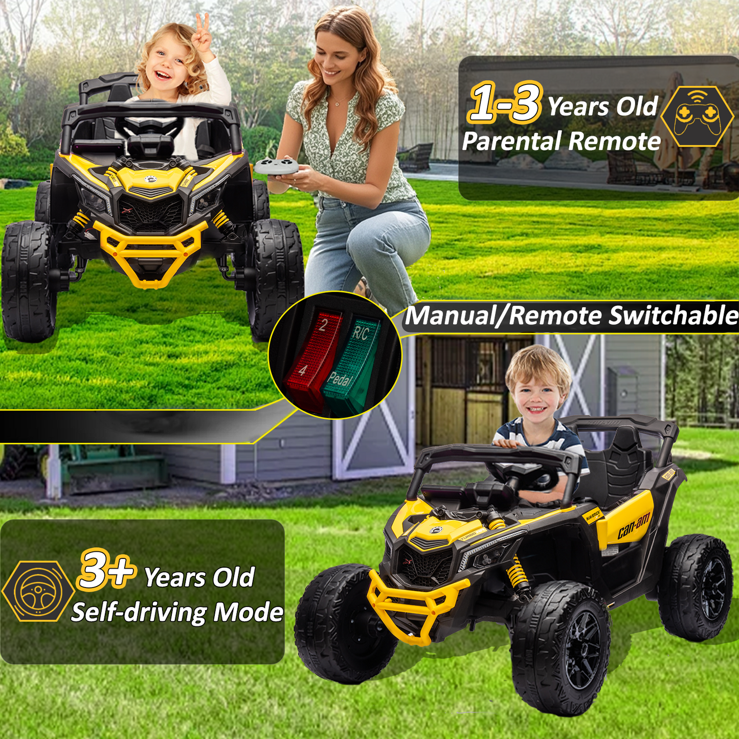 24V Ride on Toys Car, BLISSRIDE 4WD/2WD Switchable Kids UTV for Kids Boys Girls, Yellow