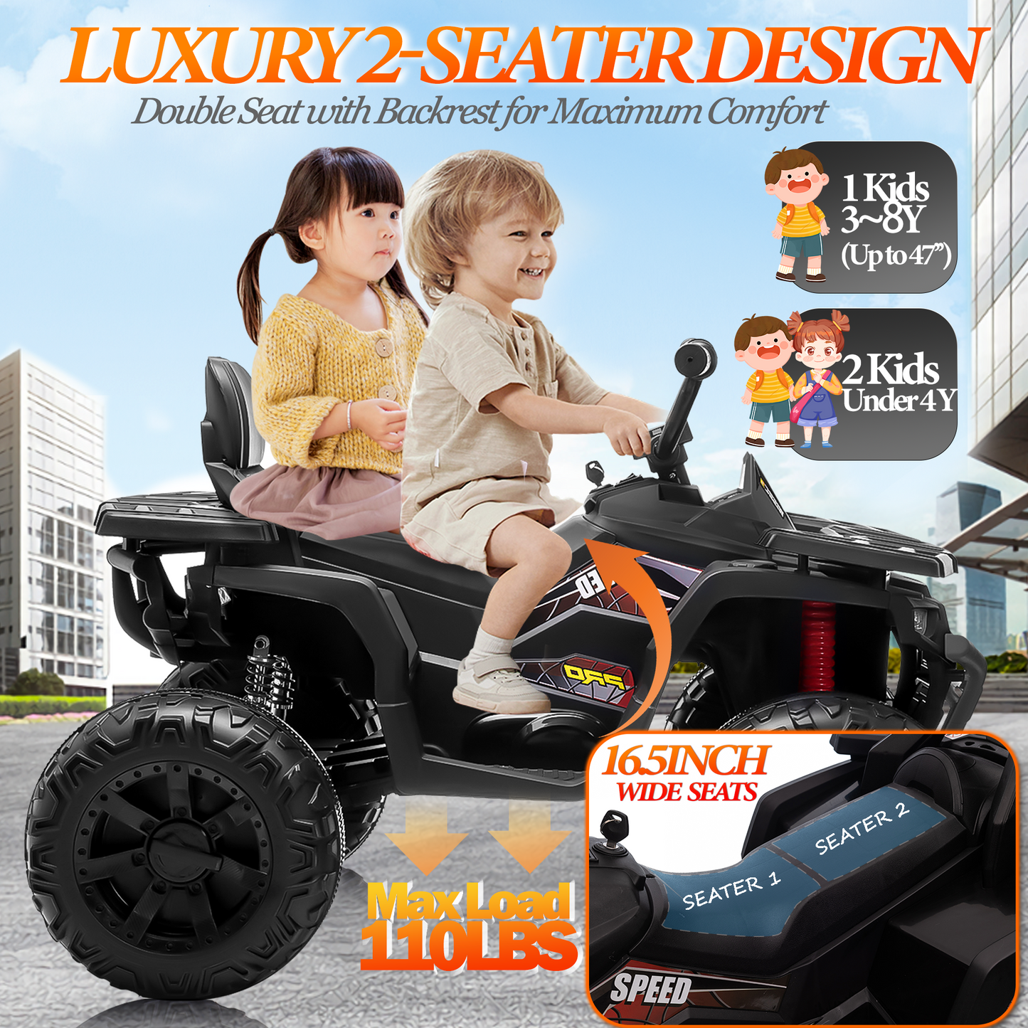 BLISSRIDE 24V Kids ATV 4 Wheeler, 2 Seater Ride on Toy for Big Kids with 400W Motor, 9AH Battery Powered, Protective Gear Set, Bluetooth Music, LED Lights, Spring Suspension, Electric Quad for Boys&Girls,Red