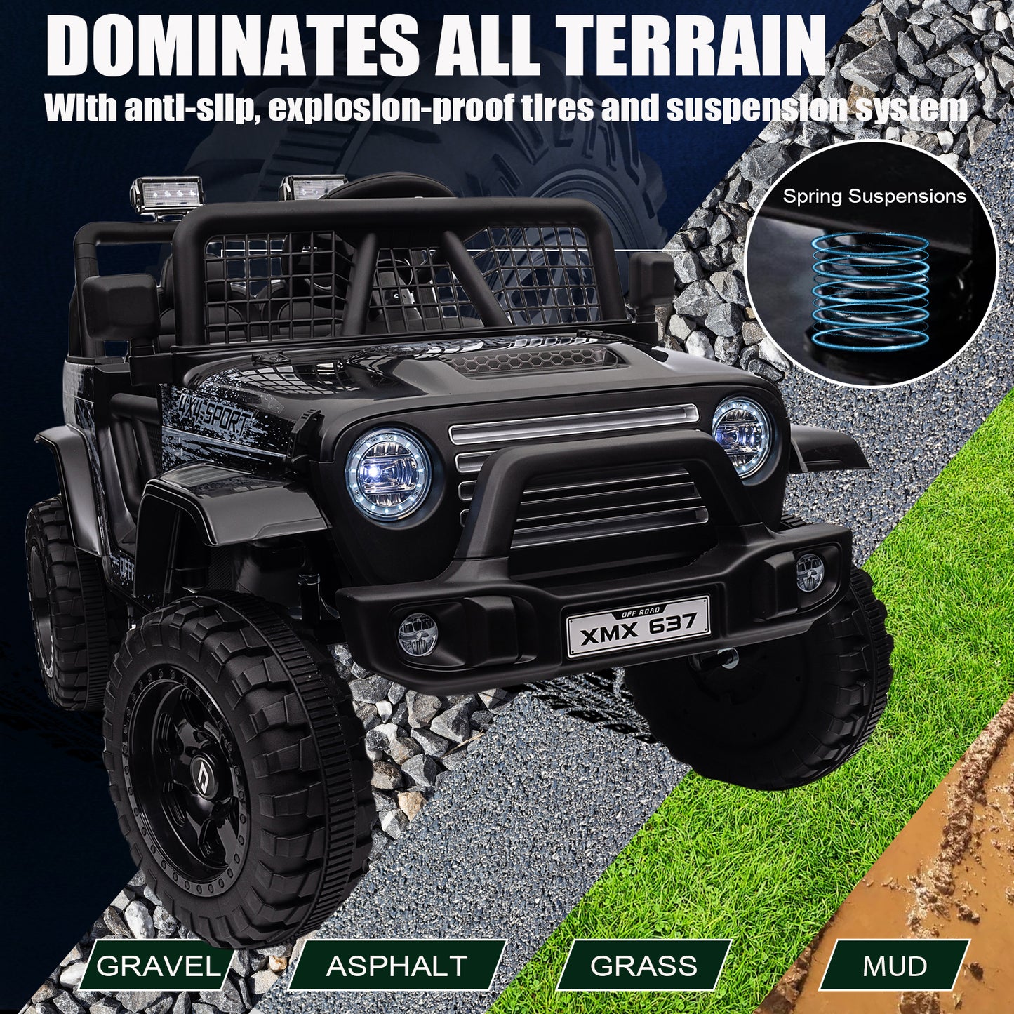 BLISSRIDE 24V Ride On Jeep, Kids 2 Seater Ride On Car Truck w/4WD Motor, Remote Control, 3 Speed, Bluetooth Music, Spring Suspension, LED Light, Kids Electric Car Power Wheels Gift for Boys, Girls - Black