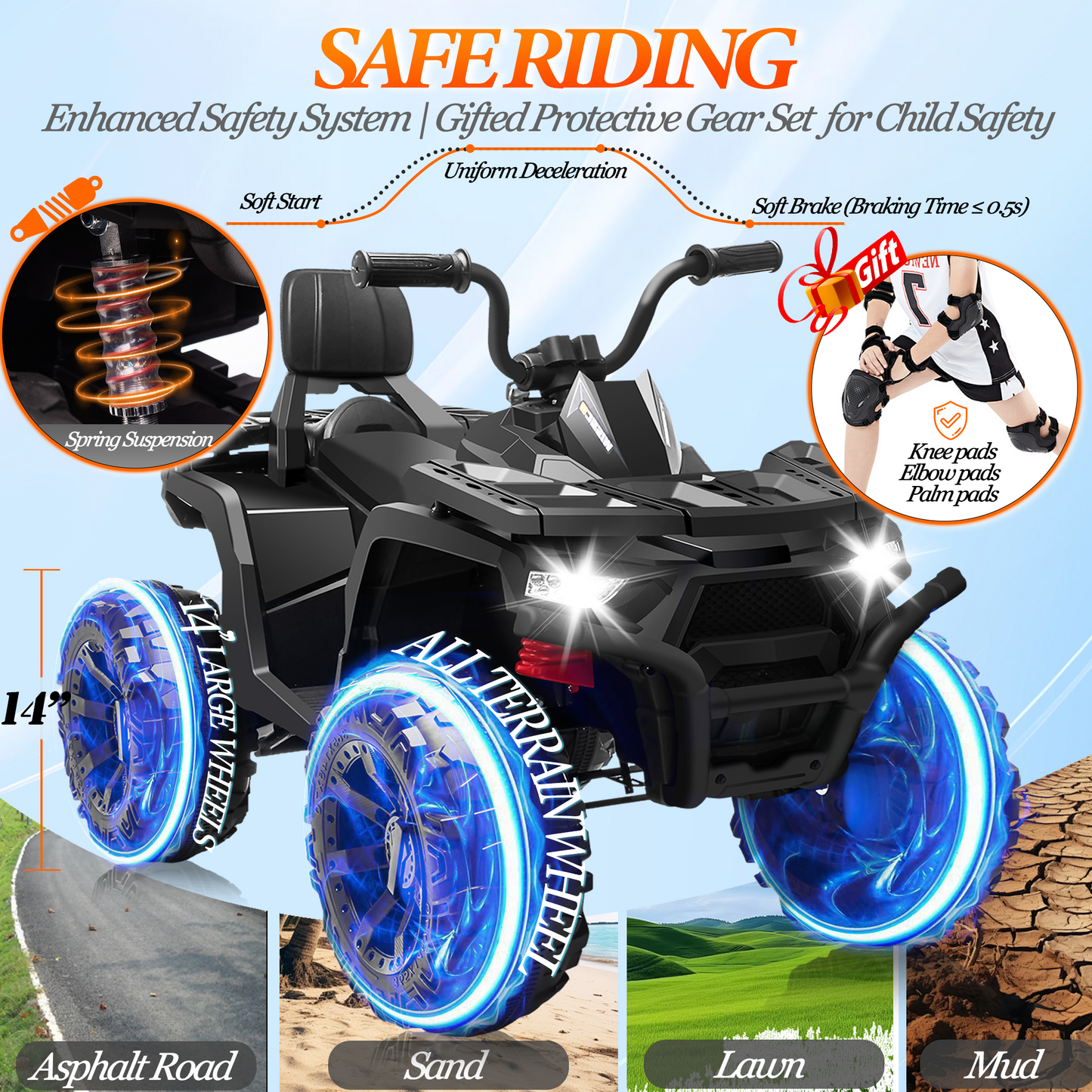BLISSRIDE 24V Kids ATV 4 Wheeler, 2 Seater Ride on Toy for Big Kids with 400W Motor, 9AH Battery Powered, Protective Gear Set, Bluetooth Music, LED Lights, Spring Suspension, Electric Quad for Boys&Girls,Red