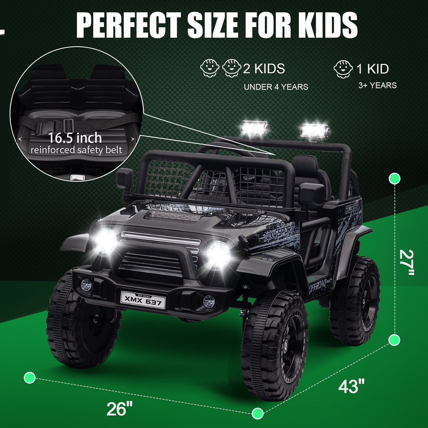 BLISSRIDE 24V Ride On Jeep, Kids 2 Seater Ride On Car Truck w/4WD Motor, Remote Control, 3 Speed, Bluetooth Music, Spring Suspension, LED Light, Kids Electric Car Power Wheels Gift for Boys, Girls - Black