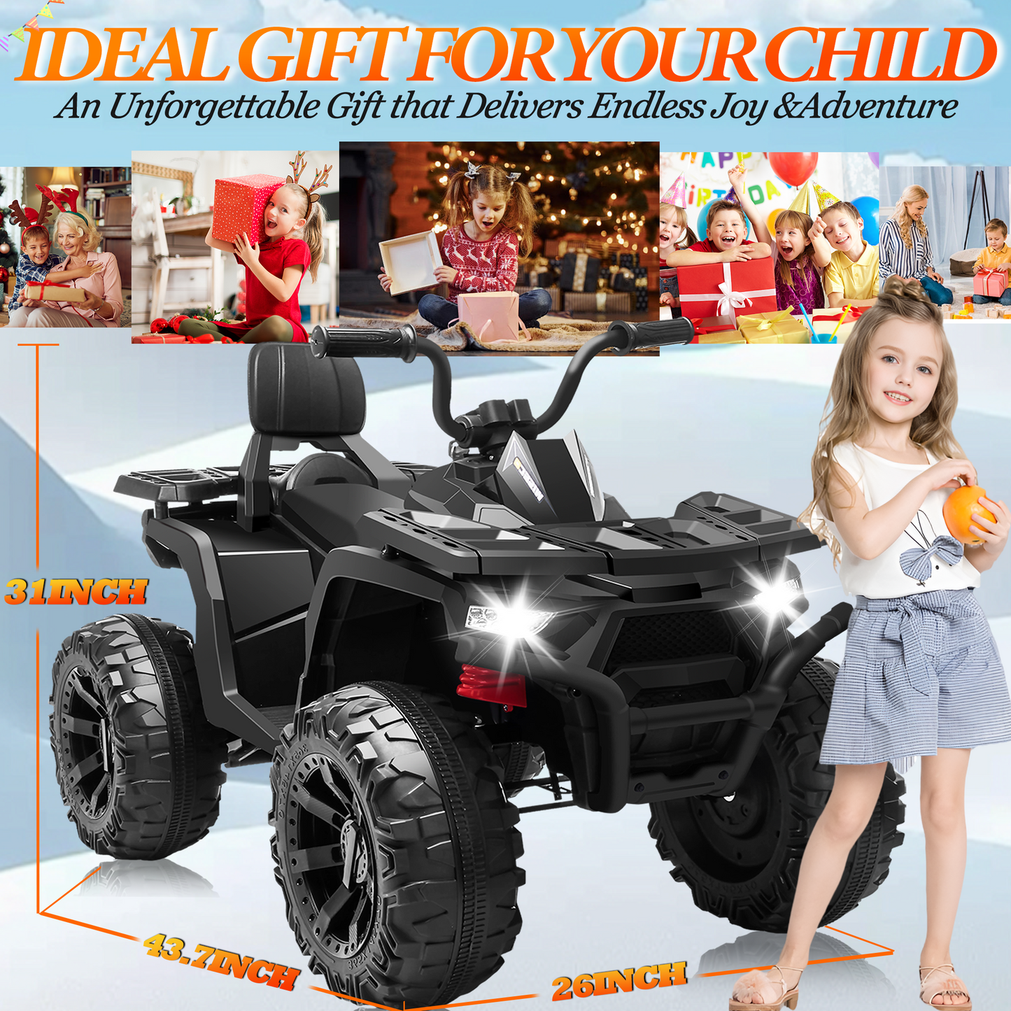 BLISSRIDE 24V Kids ATV 4 Wheeler, 2 Seater Ride on Toy for Big Kids with 400W Motor, 9AH Battery Powered, Protective Gear Set, Bluetooth Music, LED Lights, Spring Suspension, Electric Quad for Boys&Girls,Red