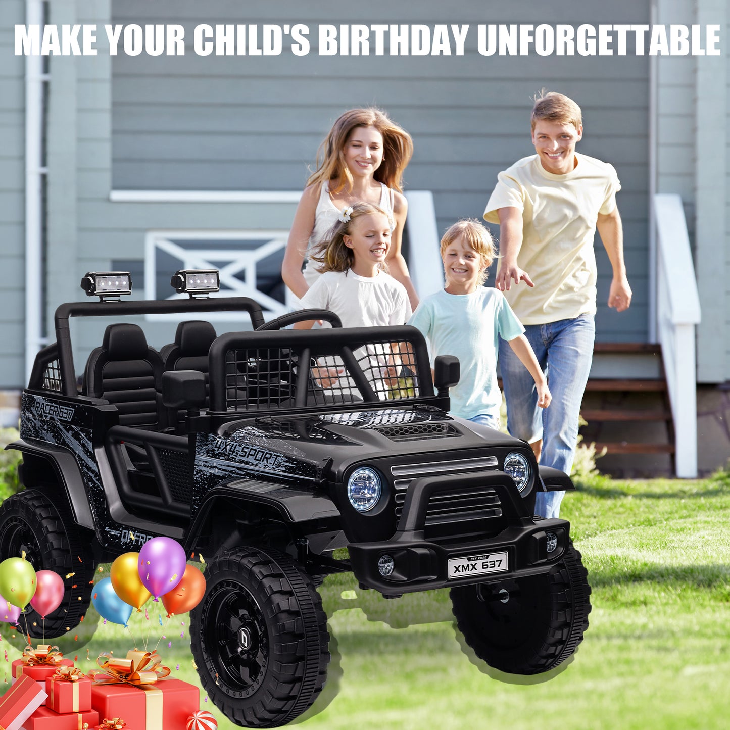 BLISSRIDE 24V Ride On Jeep, Kids 2 Seater Ride On Car Truck w/4WD Motor, Remote Control, 3 Speed, Bluetooth Music, Spring Suspension, LED Light, Kids Electric Car Power Wheels Gift for Boys, Girls - Black