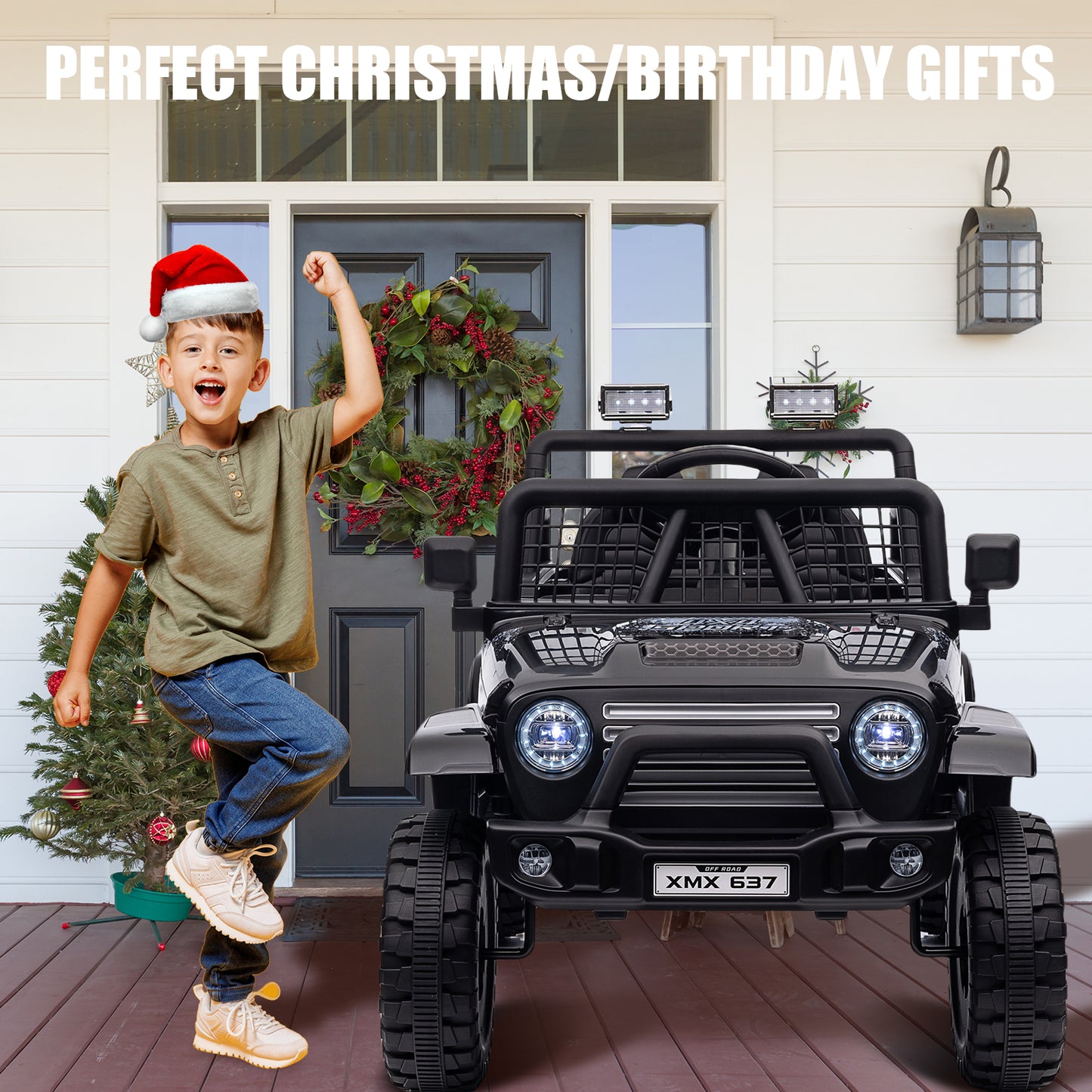 BLISSRIDE 24V Ride On Jeep, Kids 2 Seater Ride On Car Truck w/4WD Motor, Remote Control, 3 Speed, Bluetooth Music, Spring Suspension, LED Light, Kids Electric Car Power Wheels Gift for Boys, Girls - Black